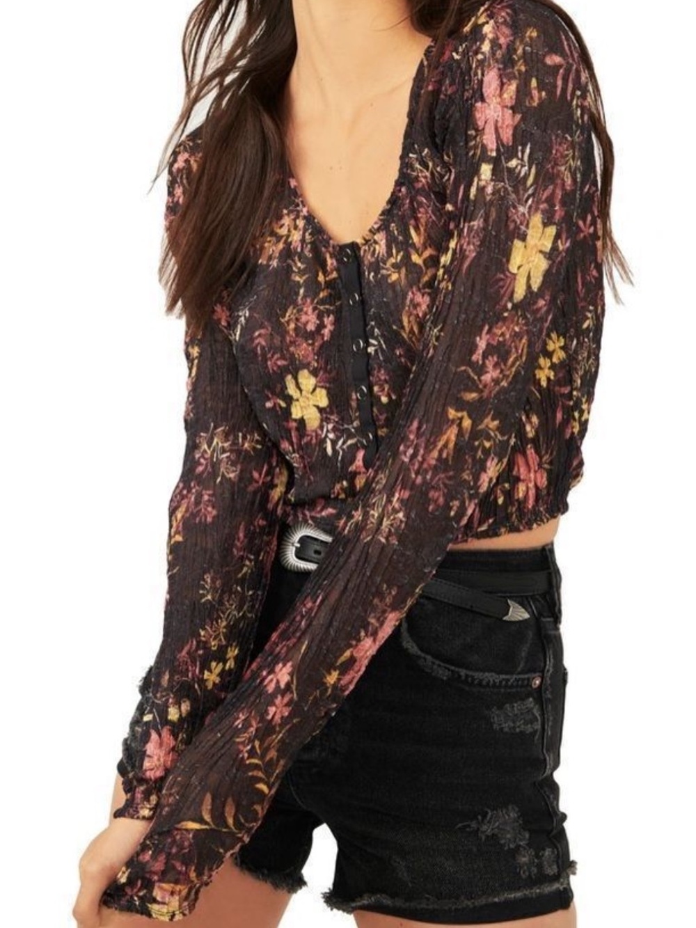 We The Free Black Floral Angelina Smocked Long-Sleeve Crop Top
